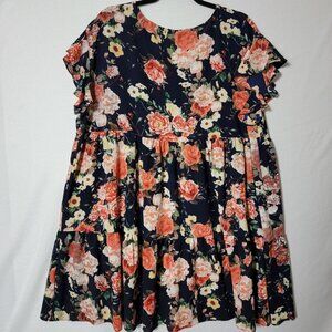 Emerald Tunic Top Womens 1XL Short Flutter Sleeve Black Coral Floral VTG USA